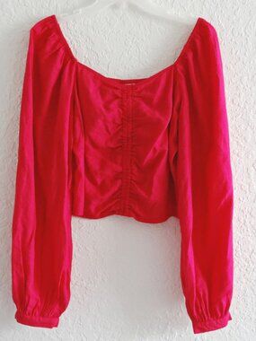 A NEW DAY Women's M Ruched Hot Pink Crop Top With Long Balloon Sleeves